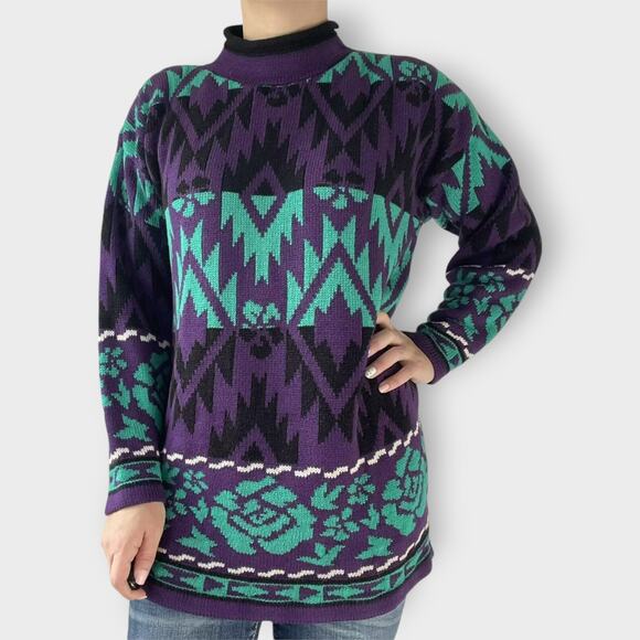 J C & Louis Sweater Vintage Neon Mock Neck Roses Aztec Purple Alternative Large - Picture 9 of 9